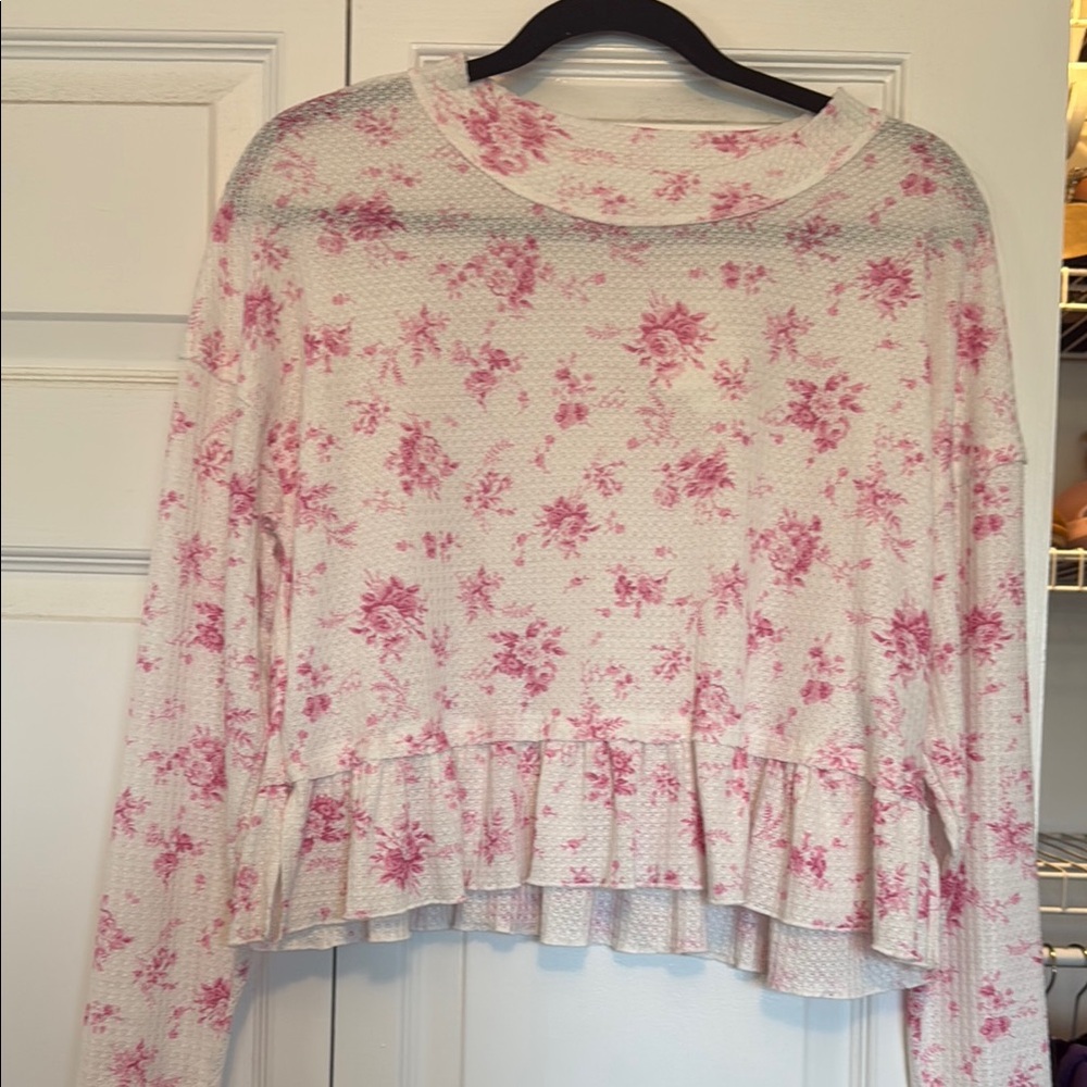 Floral Pink Ruffle Hem Women's Top